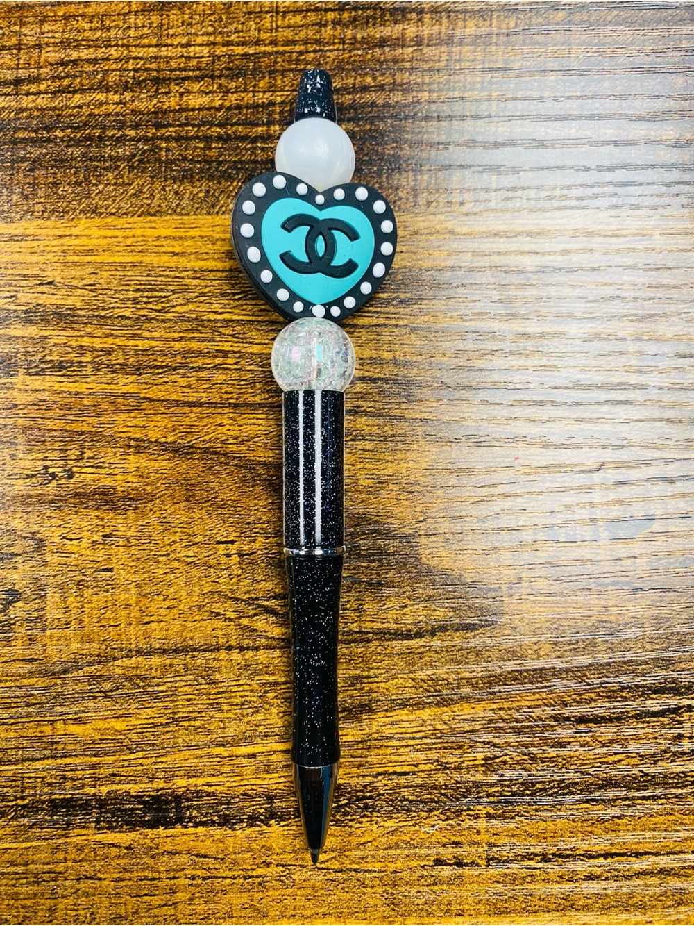 New Fancy Designer Black Glitter Ballpoint Pen with Aqua Heart Logo w/refill